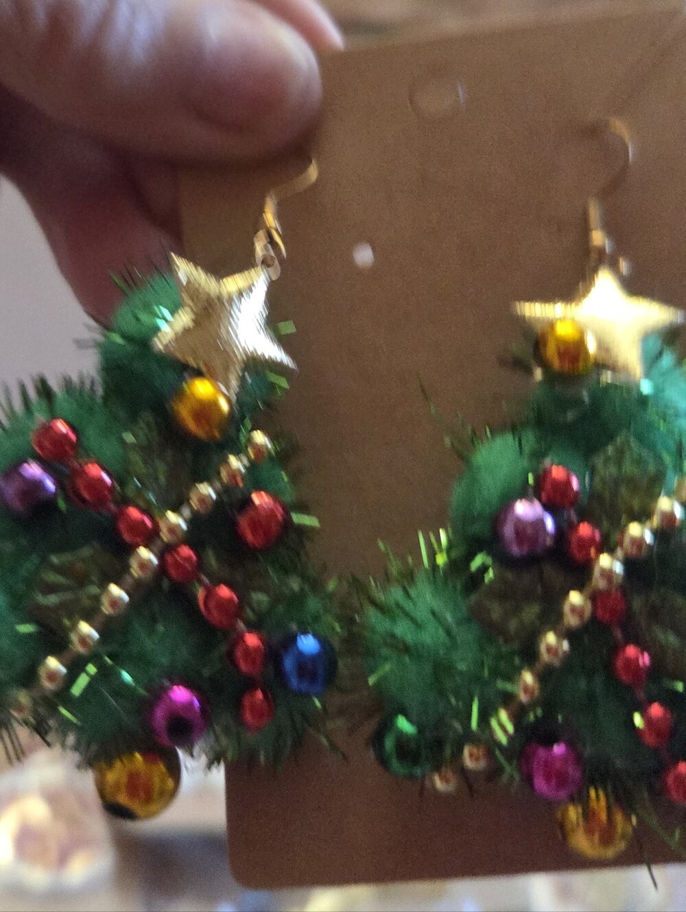 Holiday Green Christmas Tree Drop Earrings with Gold Stars